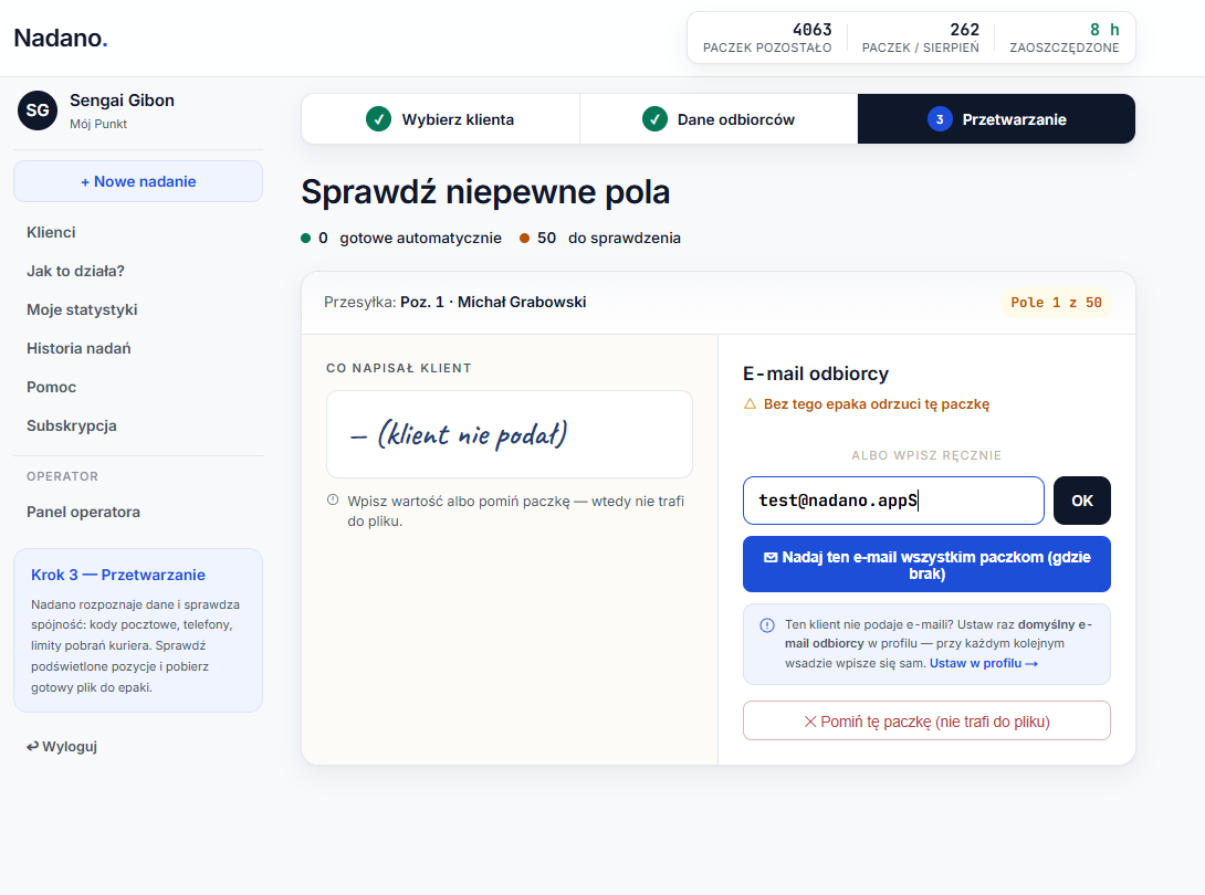 Ekran sprawdzania: program pyta o brakujący e-mail odbiorcy zamiast go zmyślać